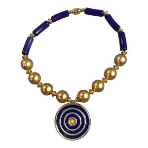 Vintage Chunky Runway Style Gold Blue Beaded Statement Necklace Circular Pendant